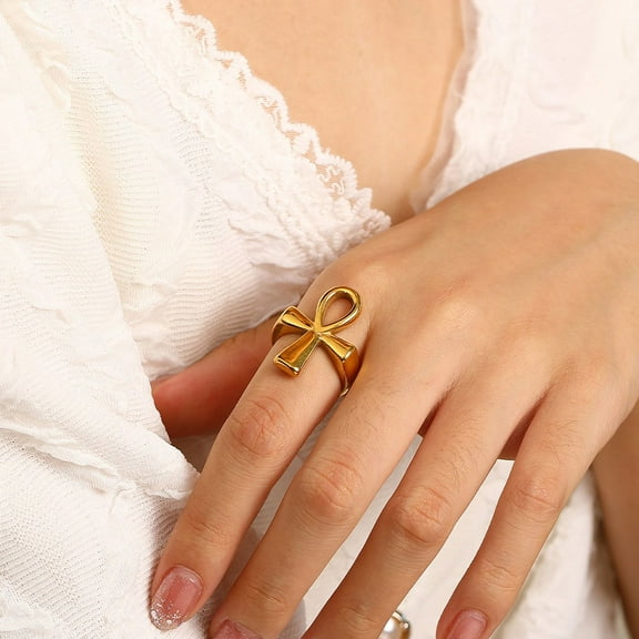 Lordluxury 14k Yellow Gold Crux Ansata Ankh Ring for Men Women Fashion Jewelry Amulet Ancient Egypt Cross Ring Gift