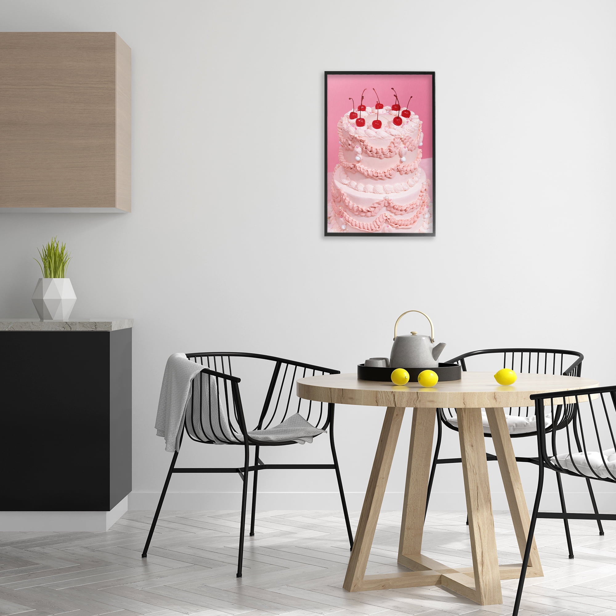 Stupell Industries Pink Cherries Cake Food & Beverage Painting Black Framed Art Print Wall Art, 16 x 24