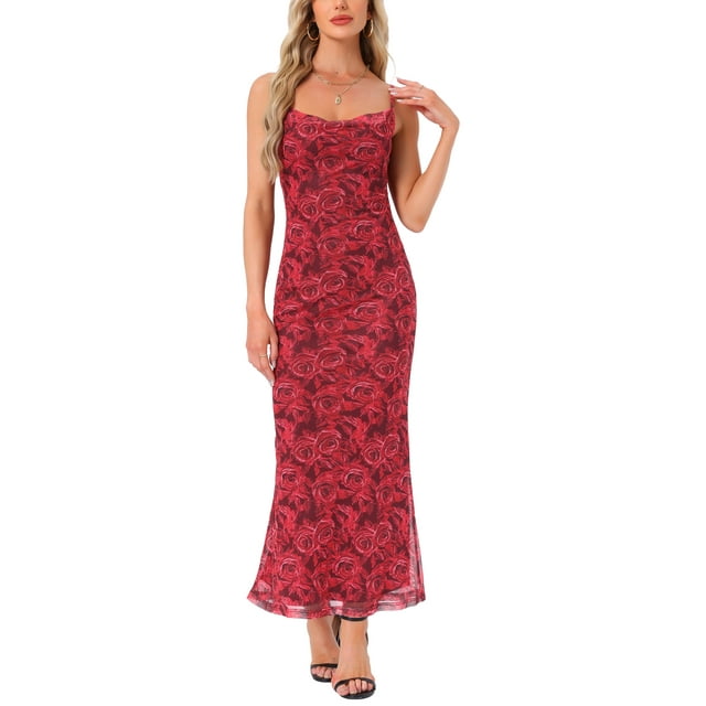 Vestido Maxi Floral Sin Mangas Bodycon de Cóctel para Mujeres INSPIRE CHIC S Rojo