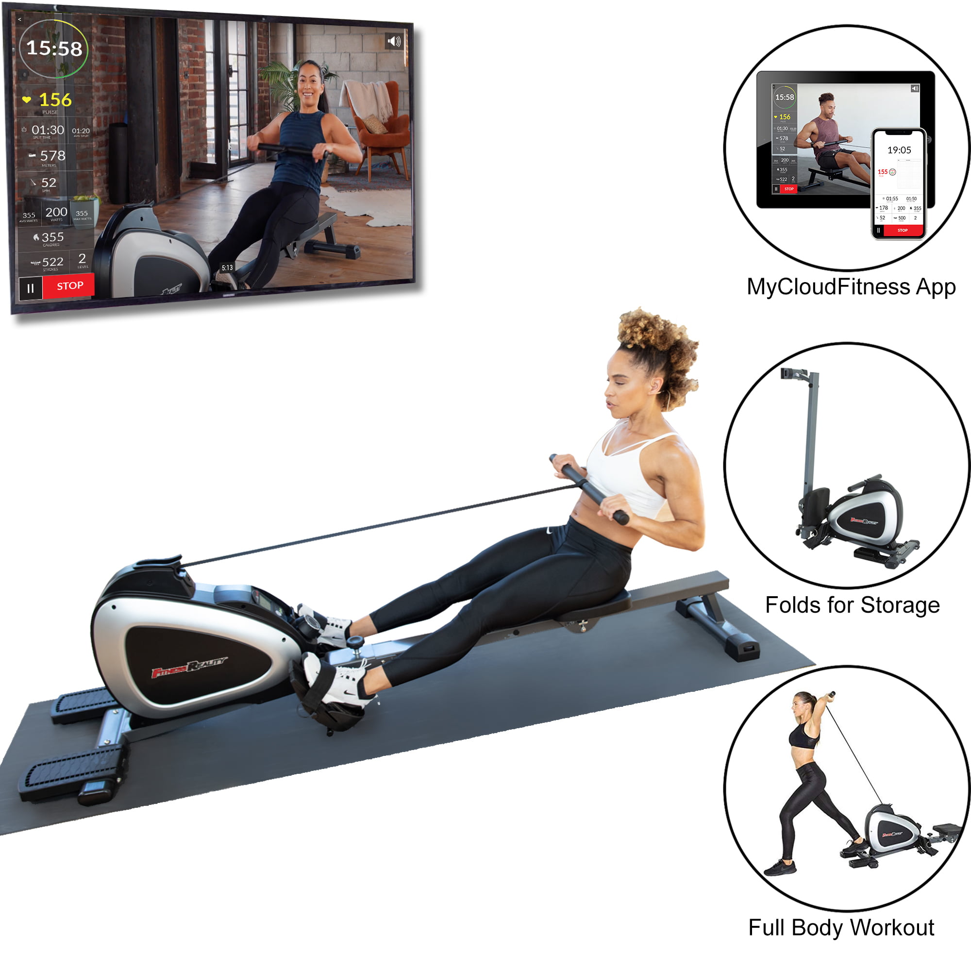 FITNESS REALITY 1000 PLUS Bluetooth Magnetic Rowing Machine Rower with Extended Optional Full Body Exercises and MyCloudFitness App