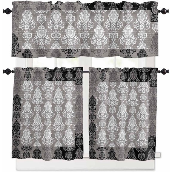 European Floral Kitchen Curtains and Valances Set, Rod Pocket Curtains Tier Farmhouse Window Curtains 36 Inch Length, Rustic Black Grey Formal Traditional Tribal 3 Piece Kitchen Curtains Set