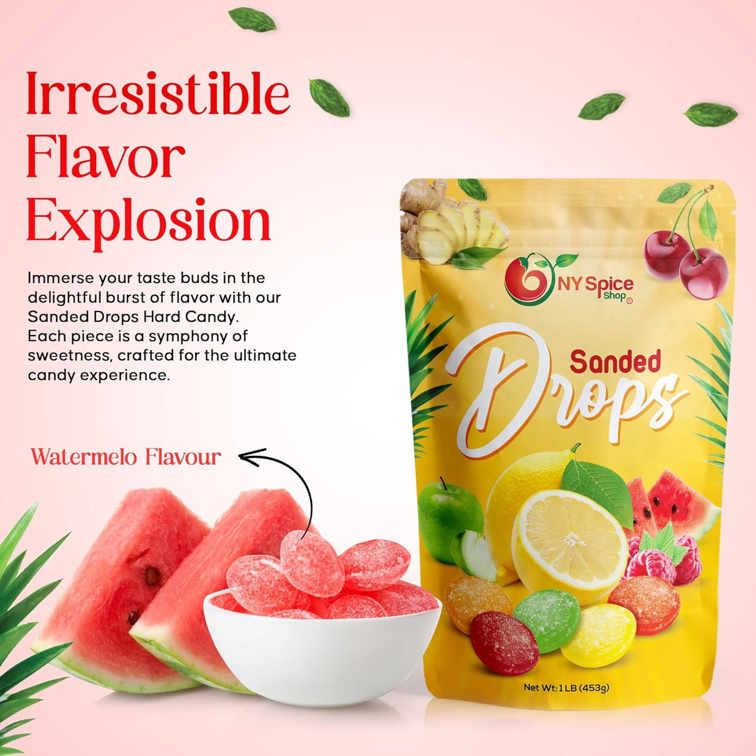 NY SPICE SHOP Watermelon Sanded Candy Drops - 5 Pound - Classic Watermelon Flavored Hard Candy - Sour Drops Candy - Old Fashioned Sanded Drops - Perfect for Snacking, Sharing & Decor