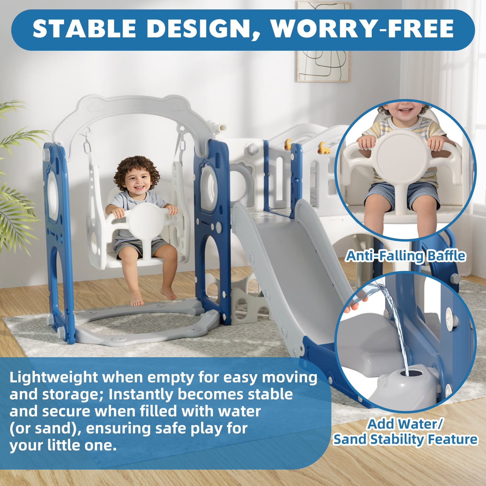 XJD 11 in 1 Toddler Slide and Swing Set - Baby Slide for Toddlers 1-3, Indoor Outdoor Toddler Playset Playground, Blue & Gray