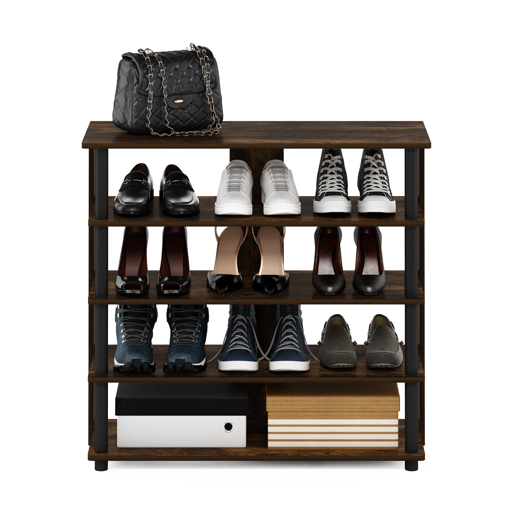 Furinno 5-Tier Turn-N-Tube Shoe Rack, Wood and Plastic, Amber Pine and Black