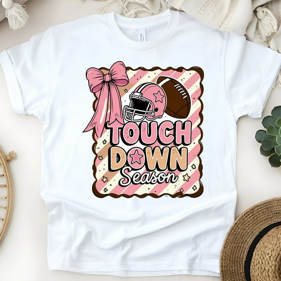 Touchdown Season Pink Football T-Shirt | Cute Girly Game Day Tee, White, Size S