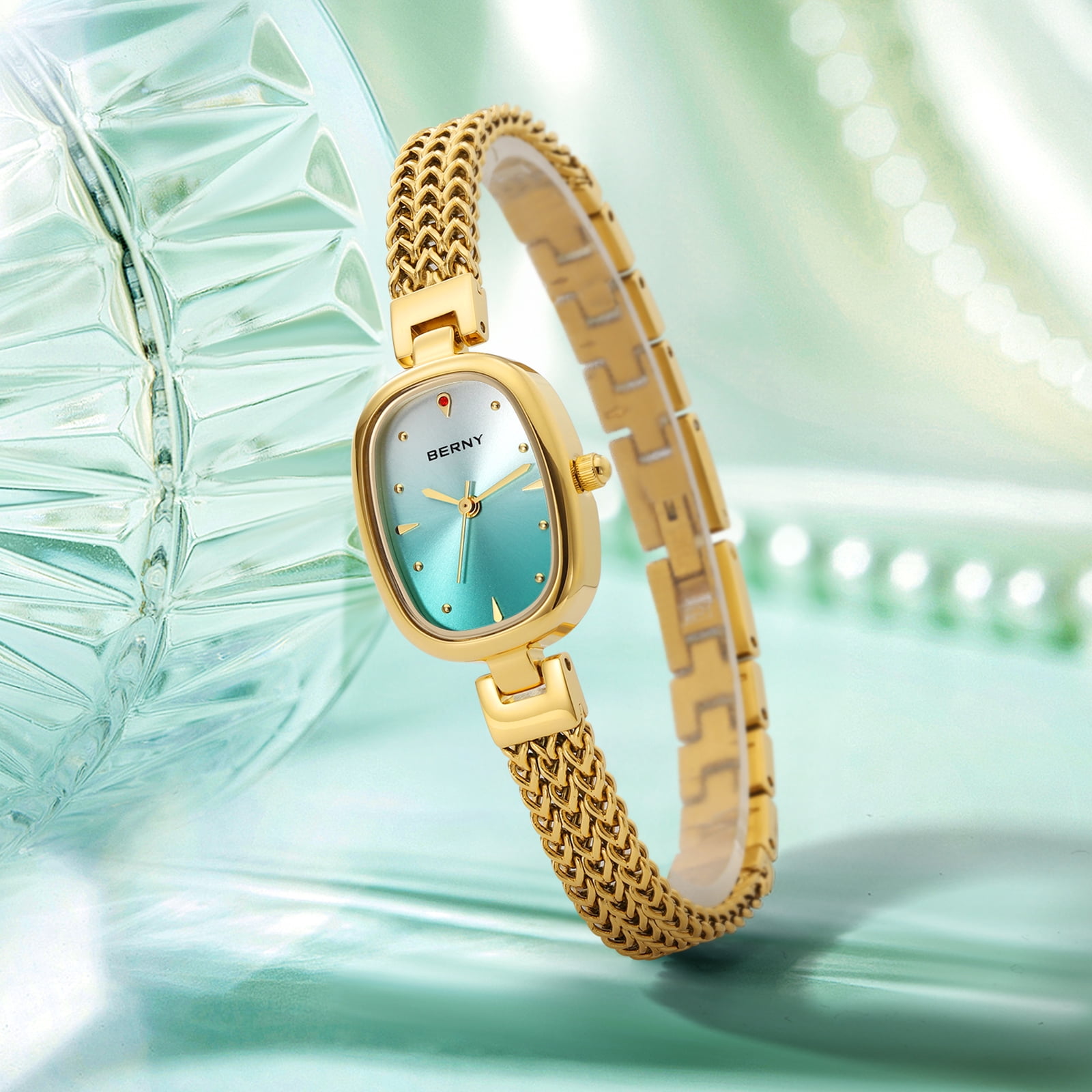 BERNY Small Gold Watches for Women, Dainty Oval Analog Quartz Bracelet Watch, Stainless Steel, Waterproof, Minimalist Luxury Ladies Watches Gifts (Light Blue)