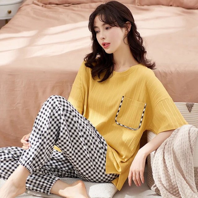 Pijama de algodón de dibujos animados para mujer, ropa de dormir de manga corta, pantalones largos, moda coreana, ropa de casa con estampado de conejo, verano, nuevo