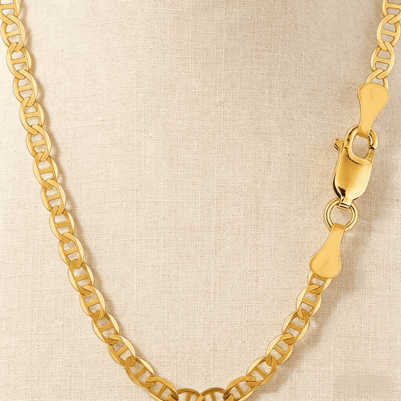 Curb Chain Solid Necklaces, 10k Real Solid Yellow Gold 4mm Mariner Link Chain Necklace, Lobster Claw- 22"