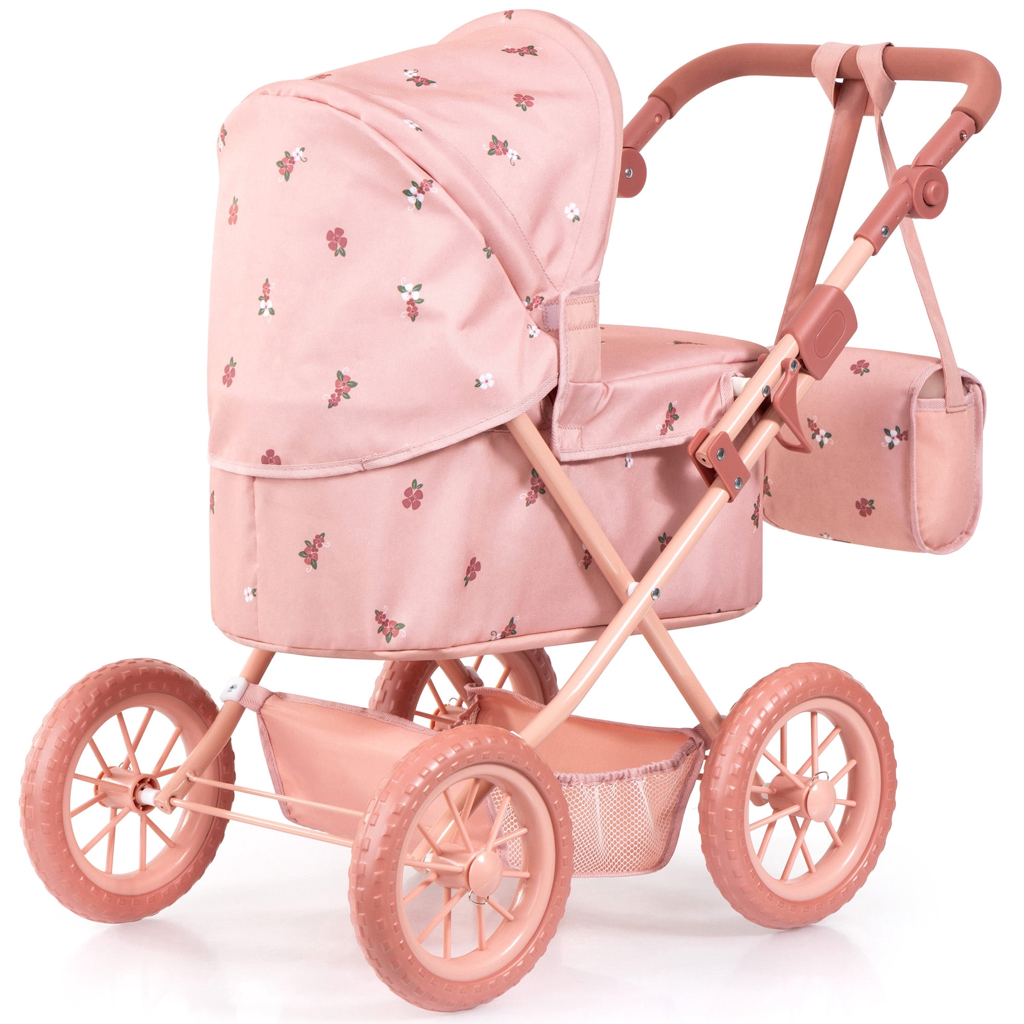 Bayer Design: Doll Pram Trendy - Pink & Flowers - Play Push Stroller, Handbag, Adjustable Handle, Foldable, Toy Care Accessory Fits 18" Dolls, Kids 3+