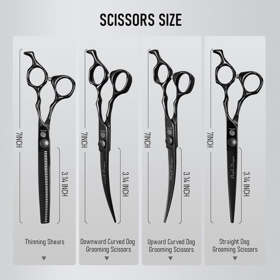 Dog Grooming Scissors Set - Thinning, Straight, Up & Down Curved Scissors and Comb, 7 Inch Black Shears with Adjustable Screw for Dogs and Cats