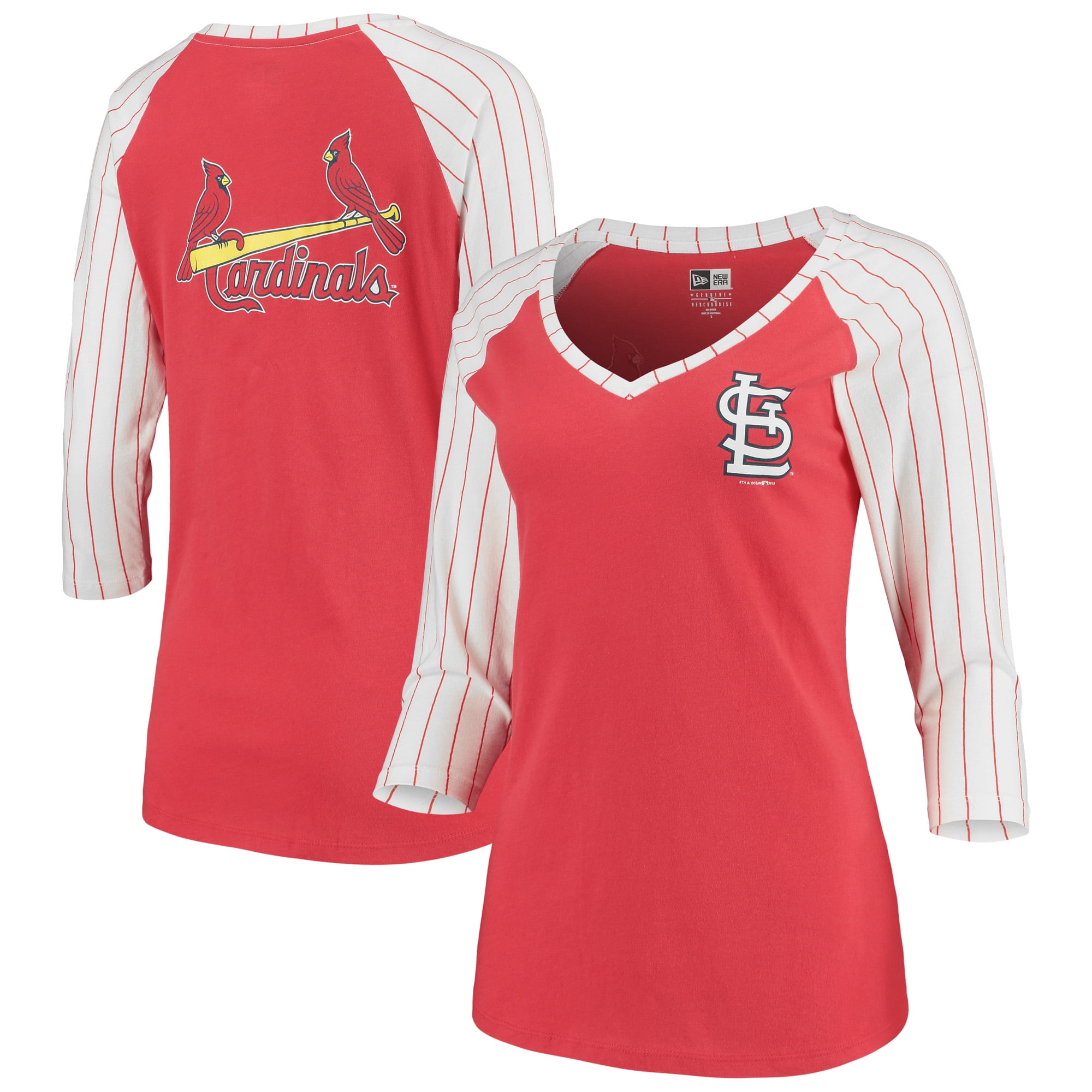 St. Louis Cardinals New Era Women's Pinstripe Raglan 3/4Sleeve VNeck