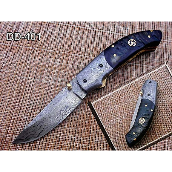 7.5" Folding Knife, 3.5" Hand Forged Twist Pattern Damascus Steel Blade Pocket Knife, 4" Wood Scale, Liner Lock & Thumb knob Equipped, Cow Hide Leather Sheath (Ram Horn)