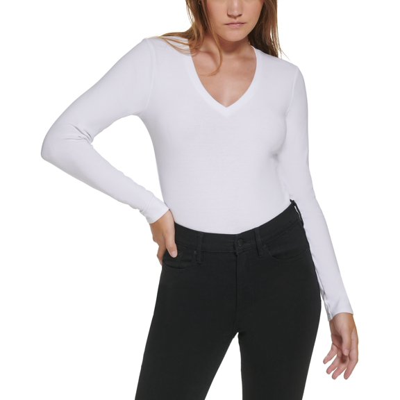 Calvin Klein Jeans Petite Long Sleeve Deep V Neck Bodysuit White PL