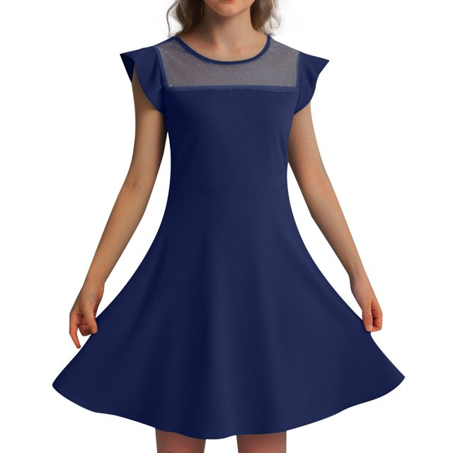 Toimothcn Robe pour Fillettes Manches à Volants Décontractée Couleur Unie Robe en Maille Ligne A Douce Adorable Robes de Princesse Confortables Robe d'Été pour Filles 6-7 Ans