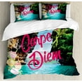 thumbnail image 1 of Quote Duvet Cover Set Queen Size, Carpe Diem Message on Tropical Background Lake with Mountains Motivational Design, Decorative 3 Piece Bedding Set with 2 Pillow Shams, Multicolor, by Ambesonne, 1 of 3