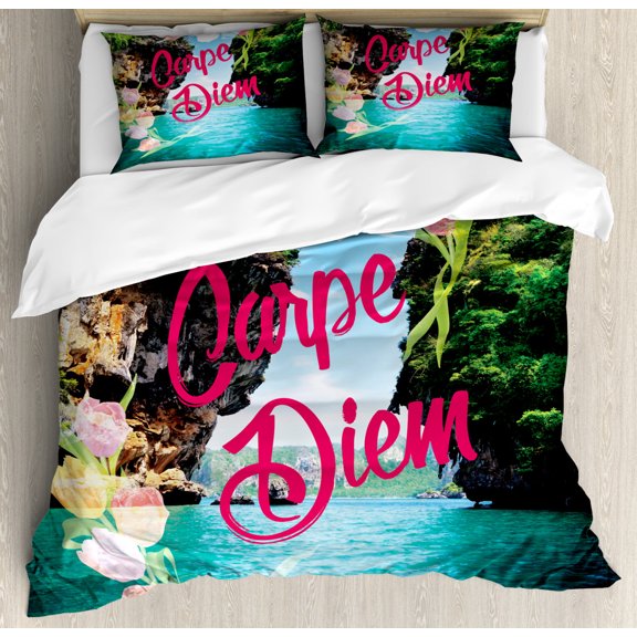 Quote Duvet Cover Set Queen Size, Carpe Diem Message on Tropical Background Lake with Mountains Motivational Design, Decorative 3 Piece Bedding Set with 2 Pillow Shams, Multicolor, by Ambesonne