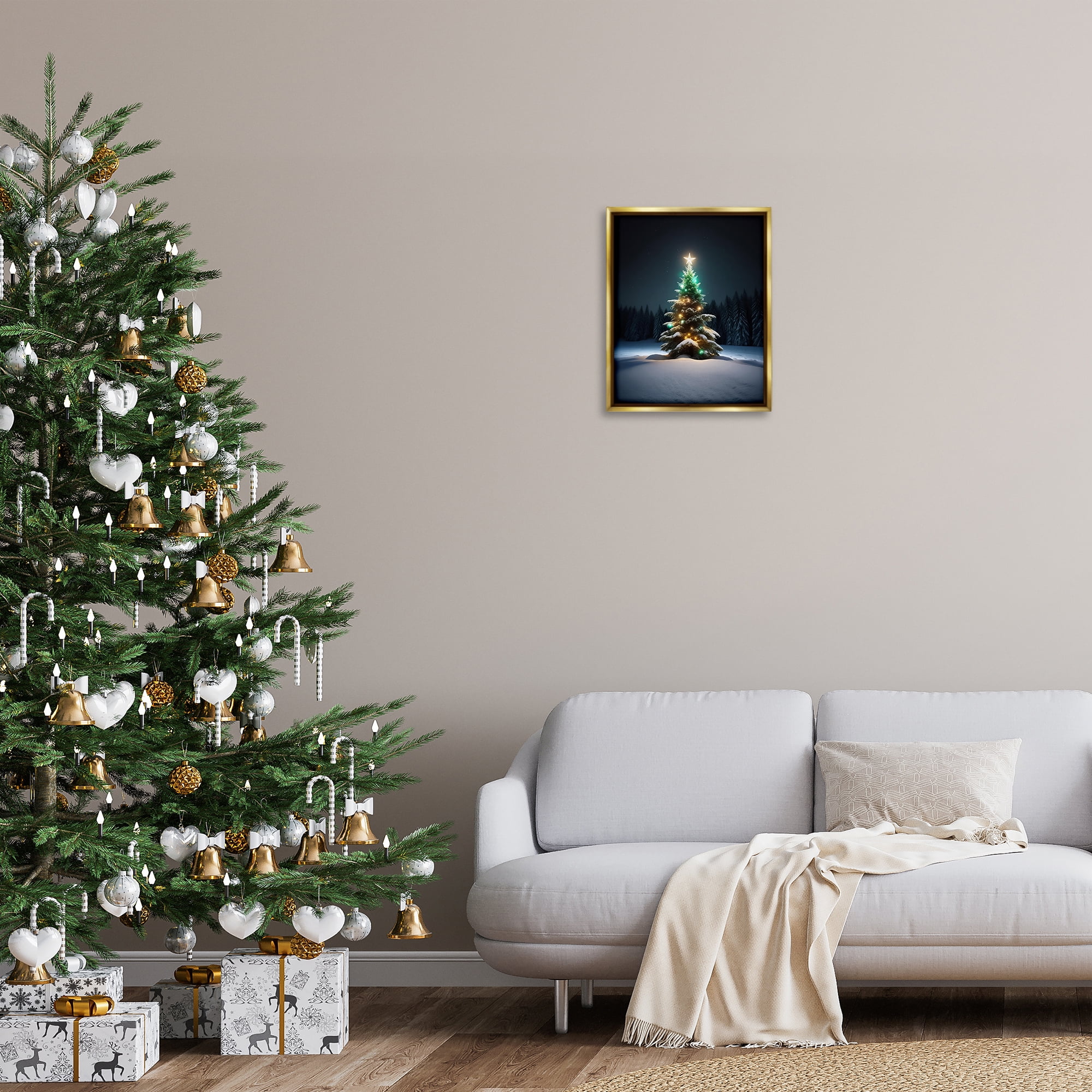 Stupell Industries Clear Night Snowy Tree Holiday Photography Gold Floater Framed Canvas Art Prints Wall Art, 17 x 21