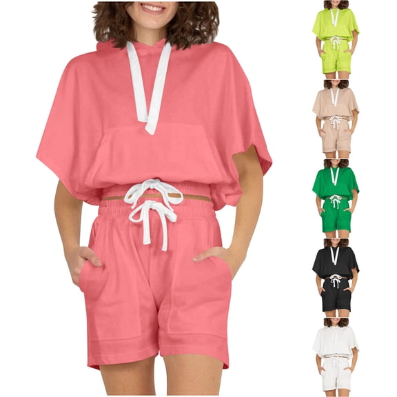 CHUMUD Women's Summer 2 Piece Shorts Sets Oversized Hooded Tops Short Sleeve Travel Outfits Fashion Matching Clothing Outfits