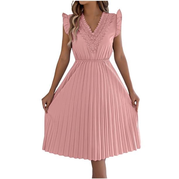 Vestido de Verano Casual de Mujer con Cuello en V Cintura Plegada sin Mangas Medias de Ternera Encaje Vestido de Verano para Mujeres