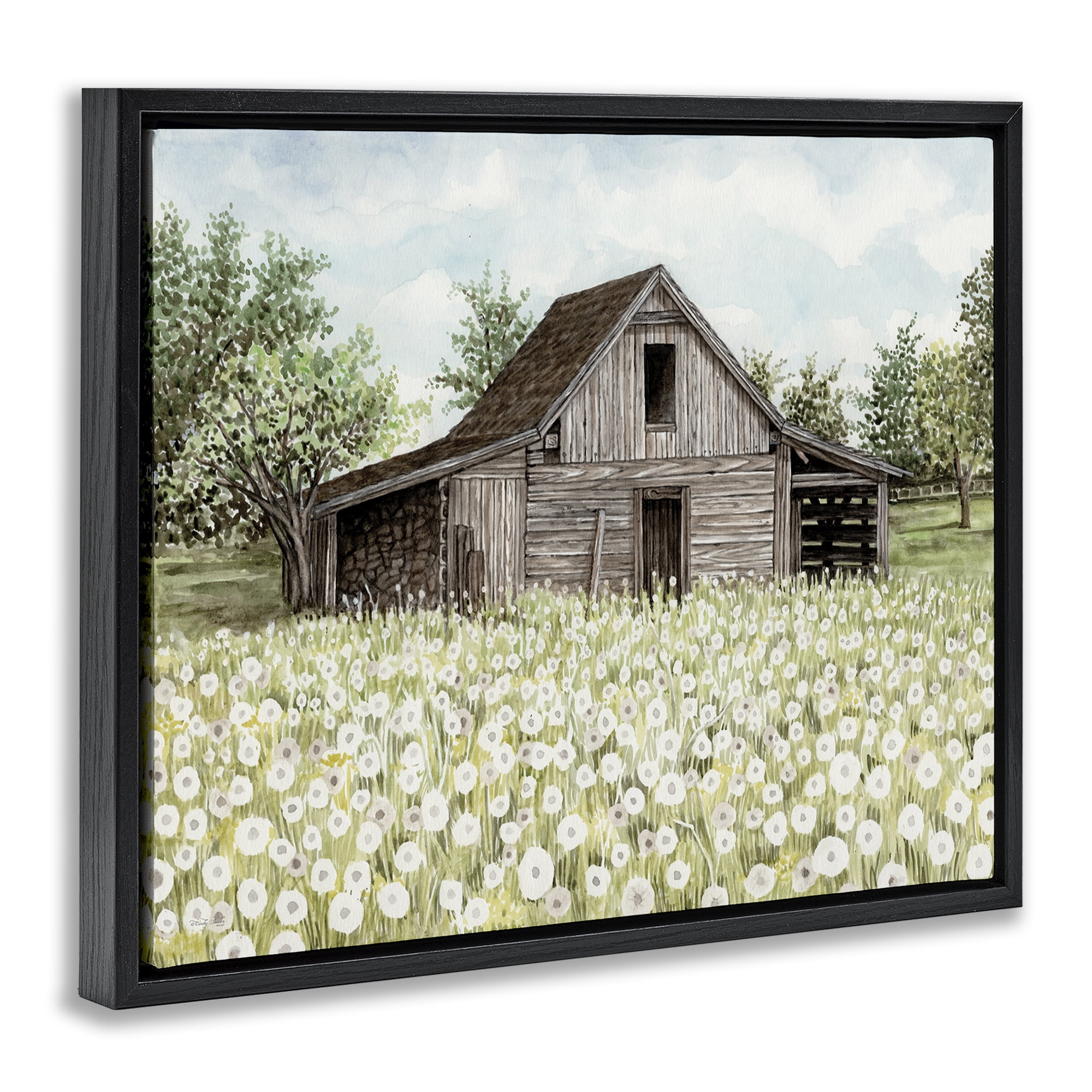 Stupell Industries White Poppy Farm Meadow Landscape & Nature Painting Black Floater Framed Canvas Art Print Wall Art, 21 x 17