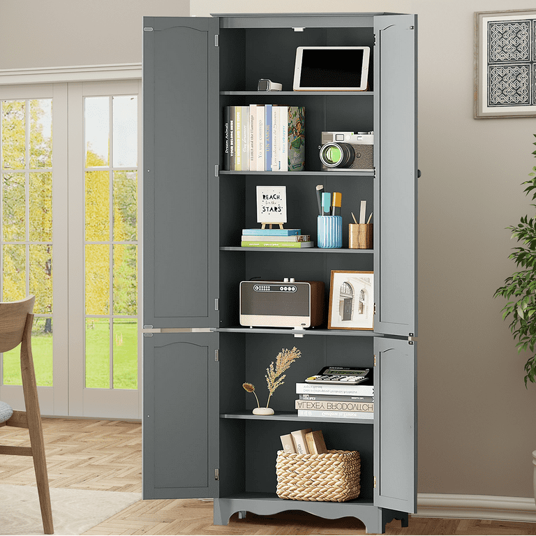 Freestanding Tall Kitchen Pantry, 72.4'' Kitchen Storage Cabinet Organizer  with 4 Doors and Adjustable Shelves, Minimalist Accent Sideboard for  Kitchen, Dining Room, Entryway, Gray 