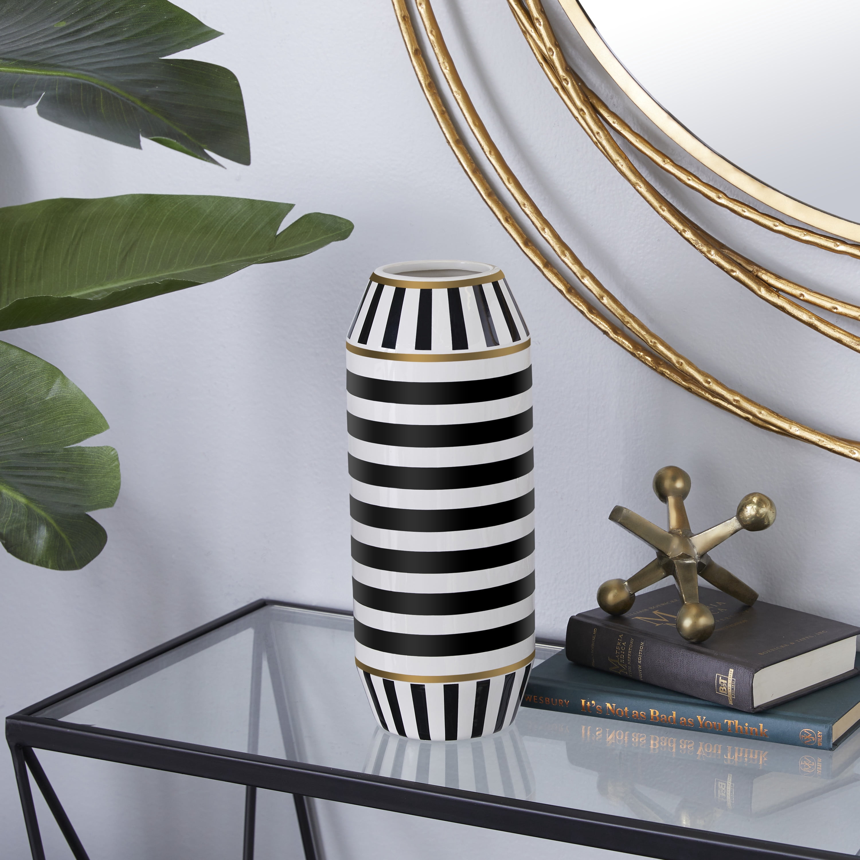 DecMode 13" Striped Black Ceramic Vase with Gold Accents - Walmart.com