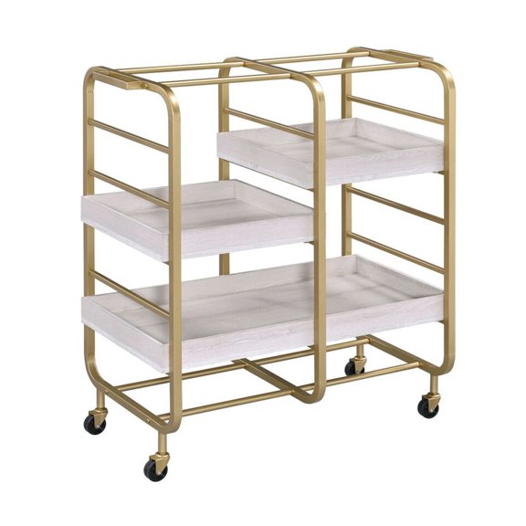 Benjara Metal Frame Serving Cart with Adjustable Compartments,Gold and Washed White