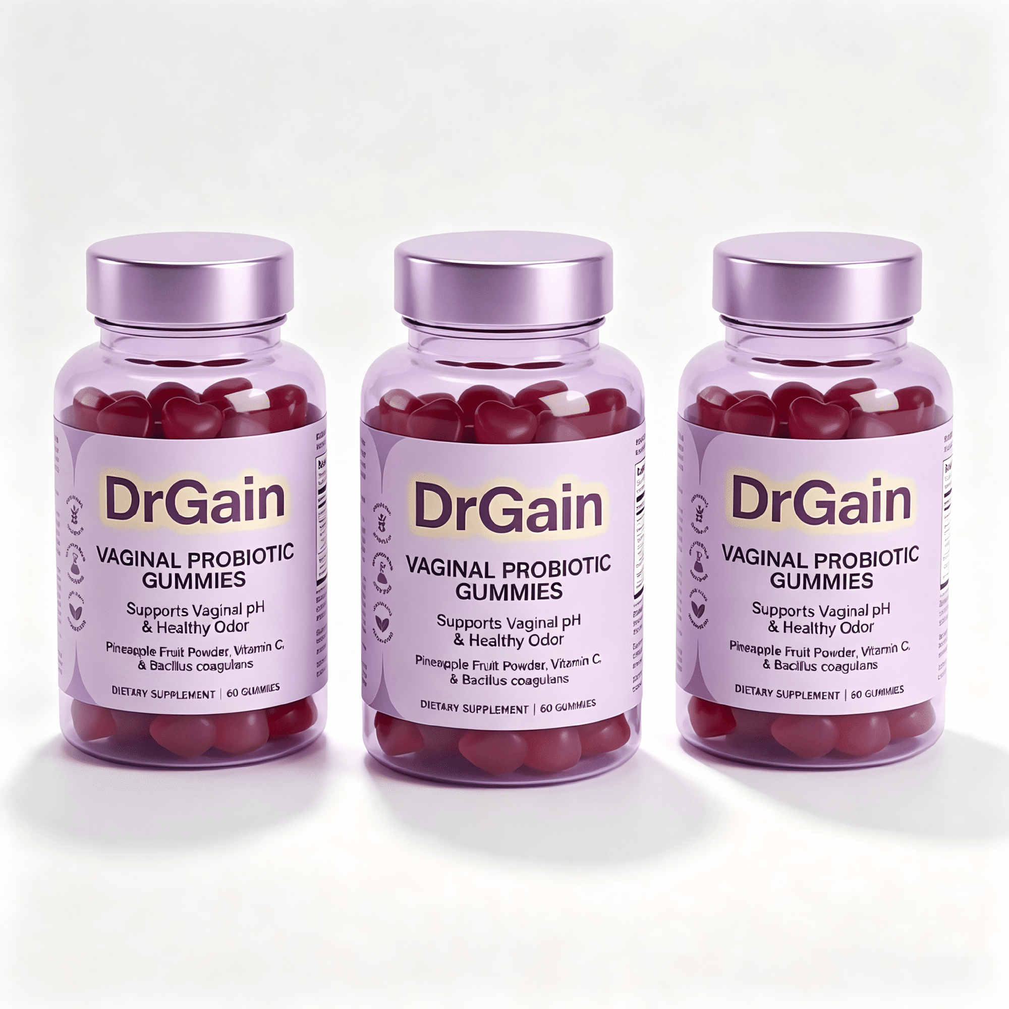 DrGiain Women's Vaginal Probiotic Gummies with Pineapple Extract & Vitamin C – Supports Healthy Vaginal pH, Odor & Flora Balance – Bacillus Coagulans – 3 bottles, containing a total of 180 capsules