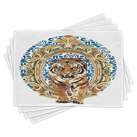 

Tiger Placemats Set of 4 Large Cat Crossing from Vintage Frame Japanese Design Exotic Adventure Washable Fabric Place Mats for Dining Room Kitchen Table Decor Royal Blue Pale Brown by Ambesonne