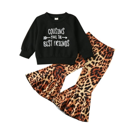 

IZhansean 2Pcs Toddler Baby Girls Letter Print Long Sleeve Sweatshirt Tops + Leopard Flared Trousers Outfits Black 18-24 Months