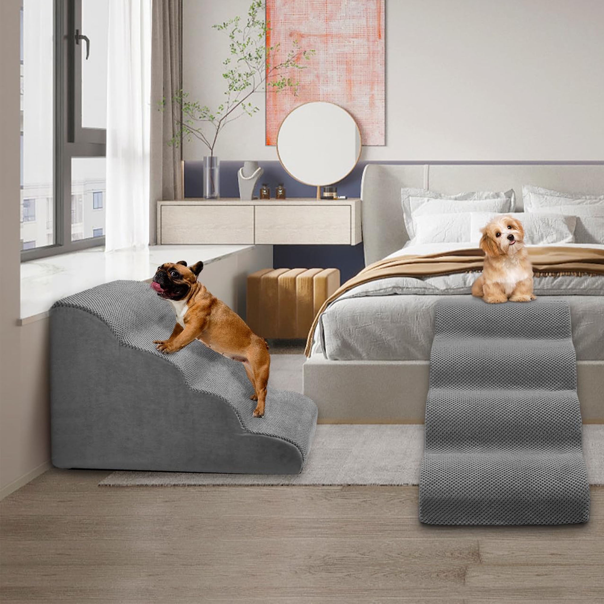 Kadyn 28" Dog Stairs for Small Pets with High-Density Sponge and Silicone Paw Prints, 4-Step Dog Ramp for Beds and Couch, Gray