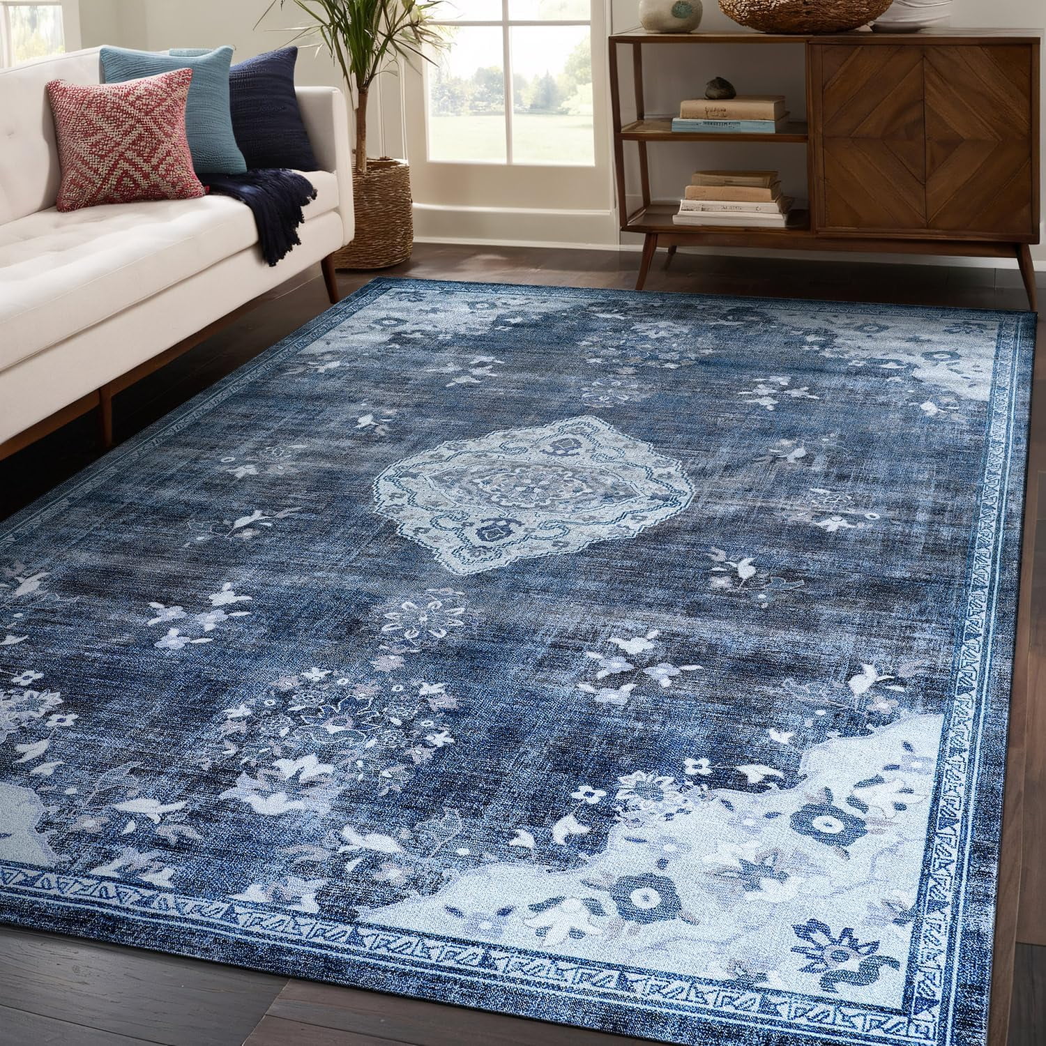 Beverly Rug Machine Washable Easy Cleaning Indoor Non-Slip Rugs Blue / Turquoise 5'x7'
