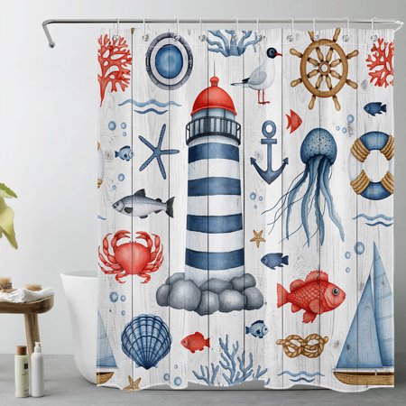 HVEST Nautical Theme Shower Curtain for Bathroom,Funny Marine Life and Lighthouse Sailboat on Grey Fabric Shower Curtain with Hooks,Country Vintage Bathroom Curtain Shower Set, 60x72 inches