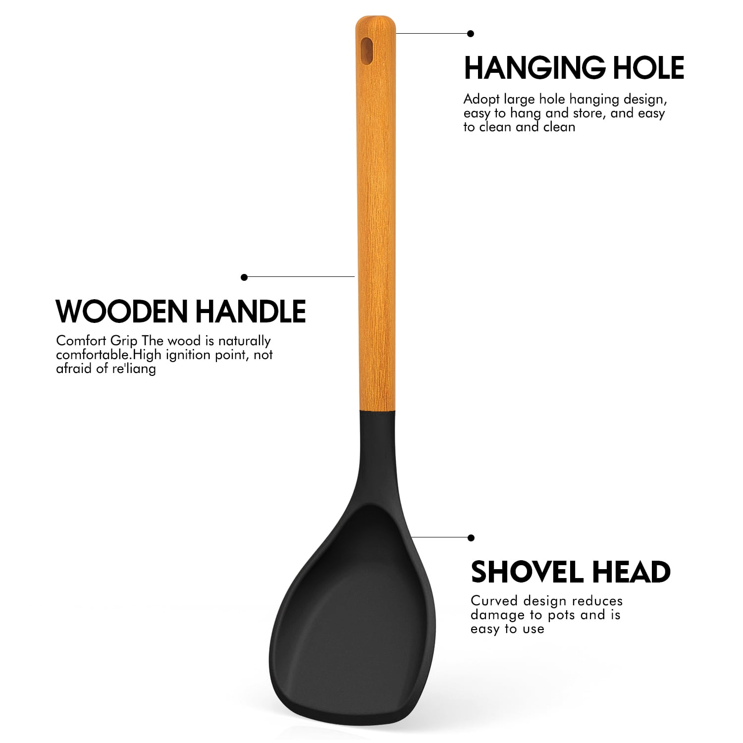 Large Silicone Cooking Utensils Set - Heat Resistant Silicone Utensils for Cooking w Long Wooden Handles, Kitchen Utensil Spatula Set, Kitchen Gadgets for Non-Stick Cookware, BPA Free(Black)