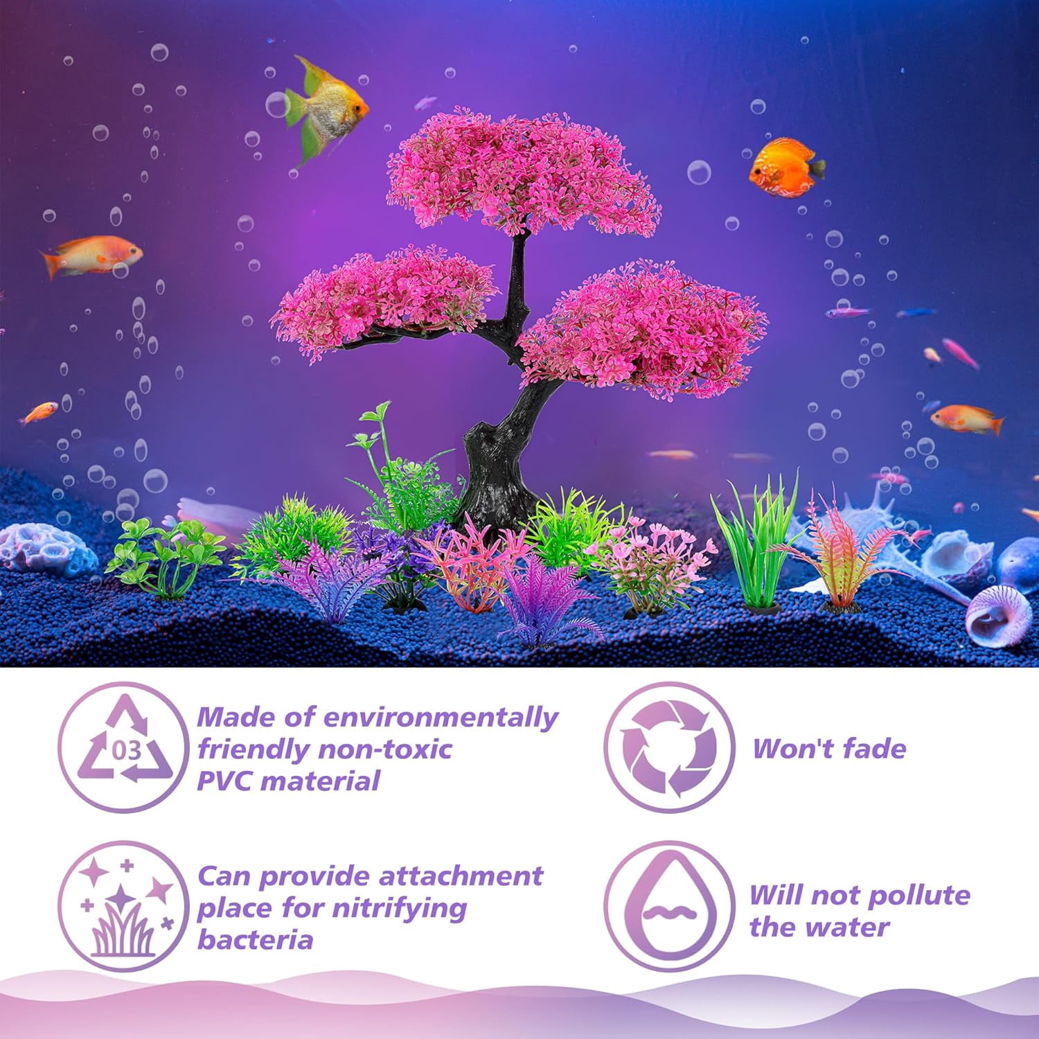 Aquarium Artificial Plastic Plants Decoration,  Cherry Blossom Tree Aquarium Decor Set, Goldfish Betta Fish Tank Decorations Hides Accessories