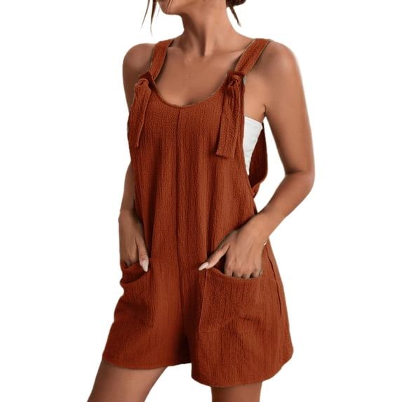 LEKODE Women's Cotton Linen Short Overalls with Pockets Overalls for Women Cotton Rompers for Women Romper Shorts Overall Shorts for Women Romper Shorts for Women Linen Jumpsuits For Brown M