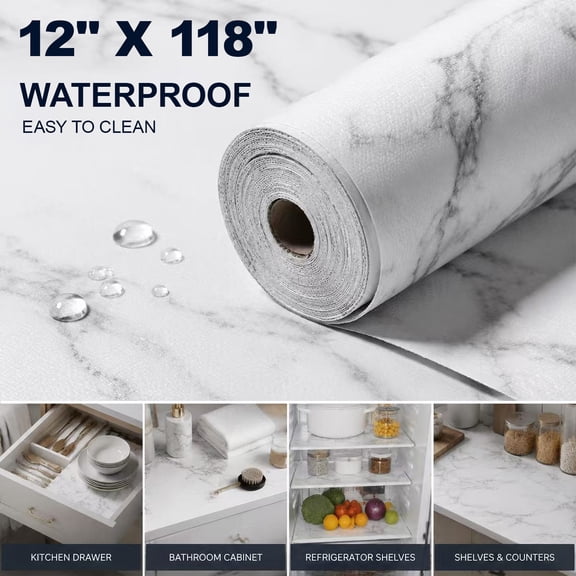 12 in X 118 in Drawer and Shelf Liner for Kitchen Cabinet : Non Slip Waterproof Shelf Paper EVA Non Adhesive Refrigerator Liners White Marble Easy Liners for Bathroom Cupboard .