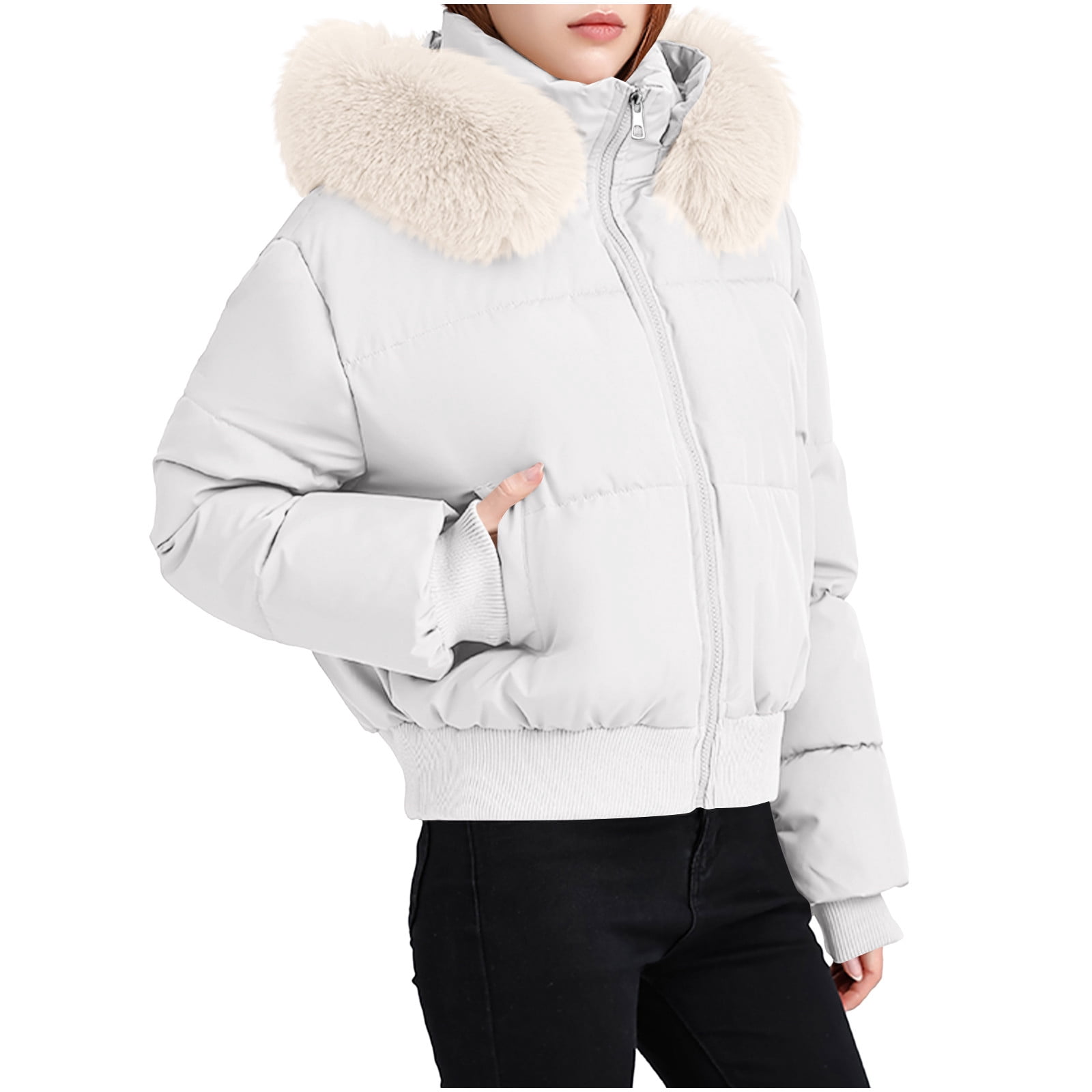Nfurl Women's Puffer Jackets with Faux Fur Hood Warm Short Quilted
