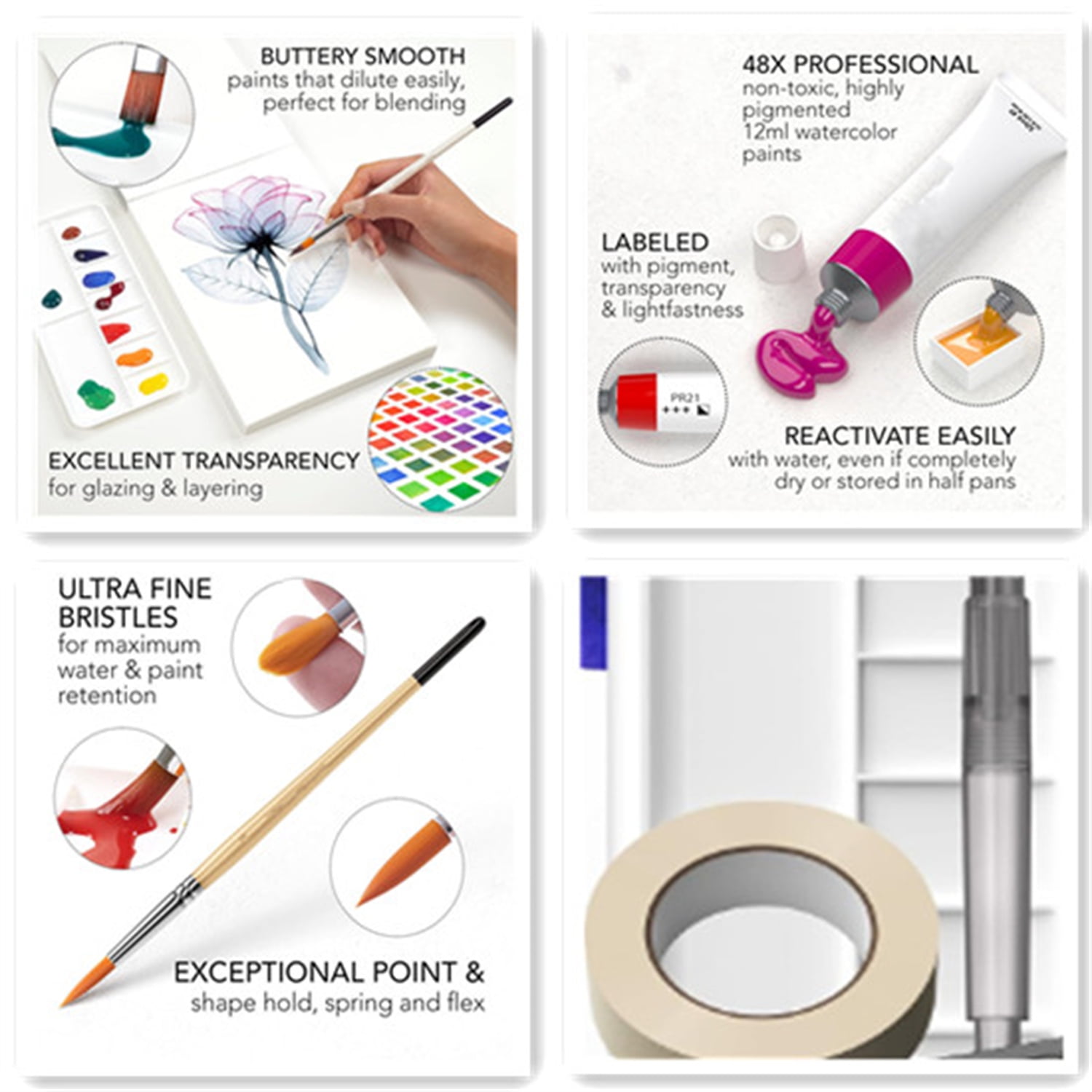 Watercolor Paint Set - 84 Piece Kit for Adults, Beginner & Professional Artists - 48 Tubes (12ml), 25 Page Sketch Paper Pad, 8 Painting