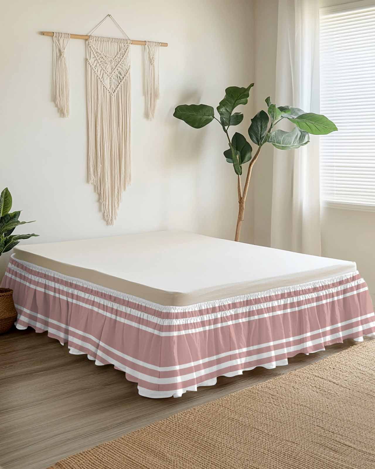 Pink Geometric Bed Skirt Queen Size 18 Inch Drop, Stripes Adjustable Elastic Dust Ruffles Bedskirt for Queen Bed Wrap Around Pleated Mattress Frame Cover