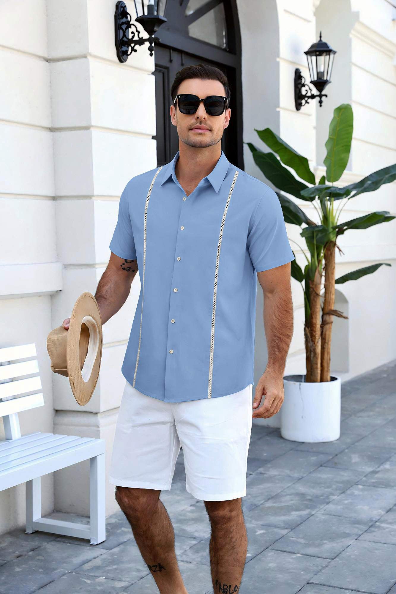 COOFANDY Men's Button Up Shirts Casual Short Sleeve Stripe Shirt for Men Casual and Office Wear