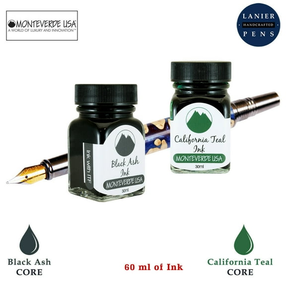 Monteverde 60ml Core Fountain Pen Ink Bottle (30ml Black Ash Ink Bottle G309BA, 30ml California Teal Ink Bottle G309CT)