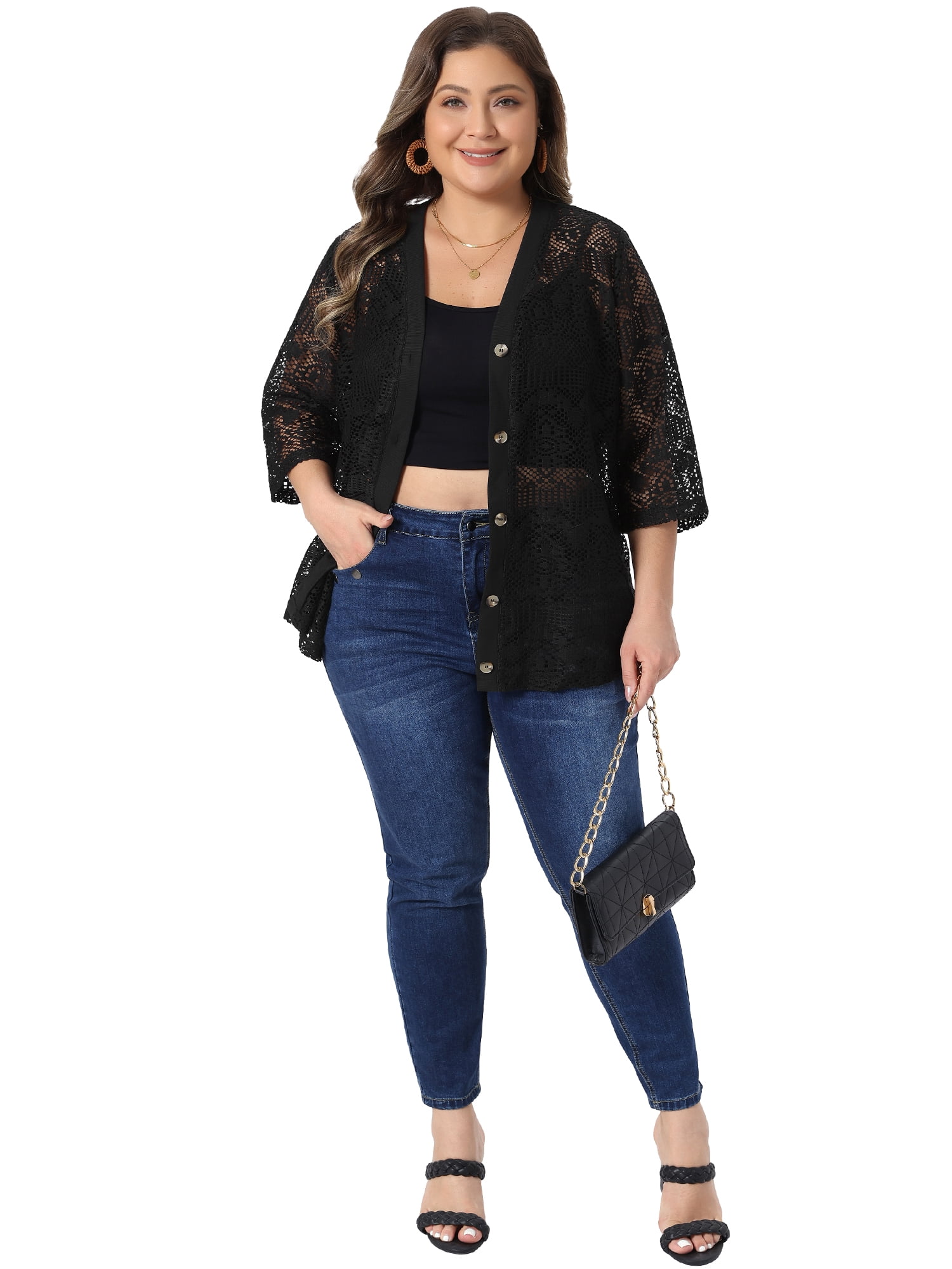 DARING DIVA Women's Plus V Neck 3/4 Sleeve Crochet Button Front Cover Up 1X Black