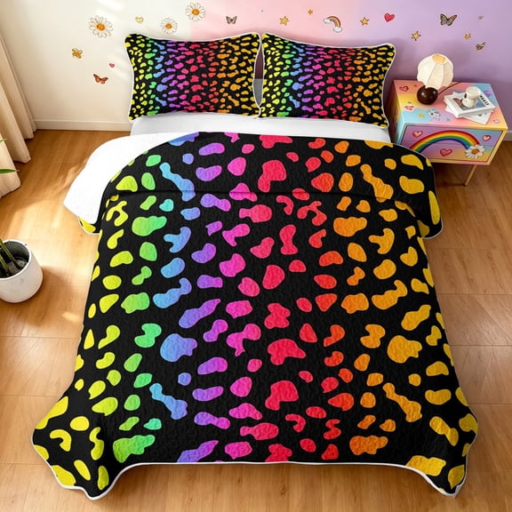 Manfei Ink Rainbow Twin Quilt Set, Neon Leopard Print Twin Coverlet Set, Black Pink Orange, 2 Pieces, 1 Bedspread and 1 Pillowcase