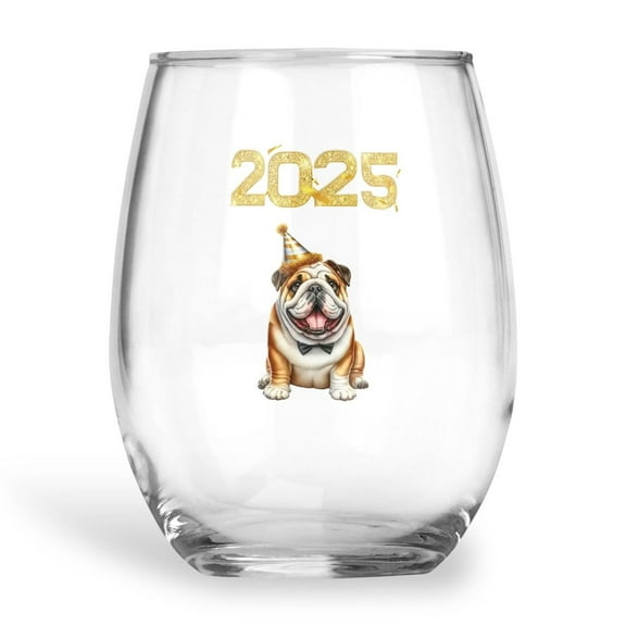 Happy New Year Bulldog Welcome 2025 Balloon Firework Party 15oz Stemless Wine Glass Mug Dog Lover Gifts Idea Wine Glasses Cup - 01014