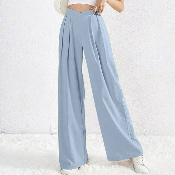 Tnhcen Women's High Waisted Pleated Wide Leg Pants - Casual Drawstring Slack with Pockets Relaxed Fit Plus Size (S-XL) for Everyday Essential Trousers