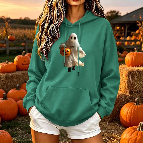 Halloween Hoodies for Women Ghost Holding Pumpkin Graphic Sweatshirt Long Sleeve Pullover Tops Fall Casual Athletic Activewear with Drawstring Pocket