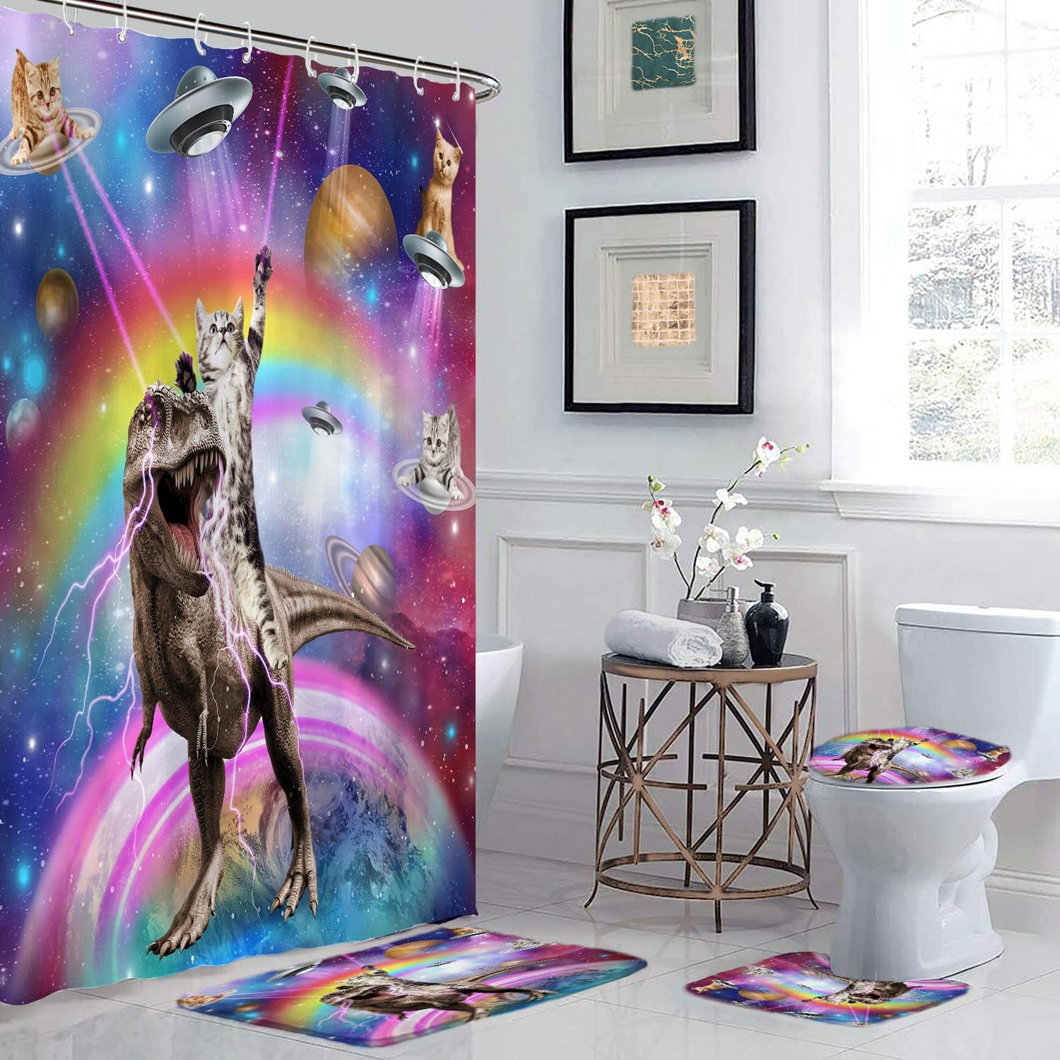 4 Pcs Kids Boys Shower Curtain Sets with Non-Slip Rugs, Cartoon Planet Cute Universe Galaxy Space Moon Kid Shower Curtain Bathroom Set Baby Cosmos for Boys Girls Kids Bath Curtain 72x72In