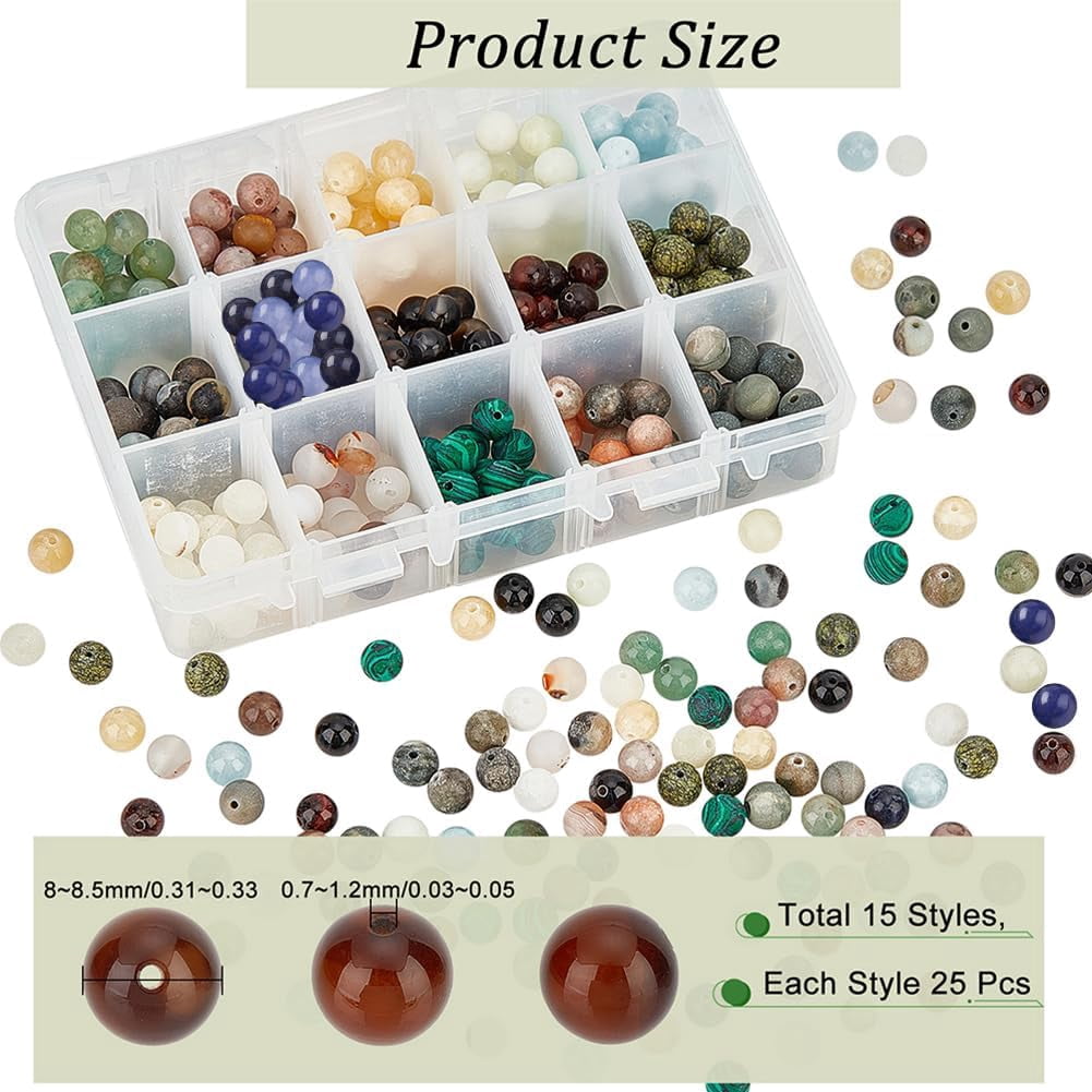 375 Pcs 15 Styles Natural Gemstone Beads, 8mm Mixed Stone Spacer Beads Natural Round Loose Beads Engry Crystals Gemstone Beading for DIY Bracelet Necklaces Jewelry Making
