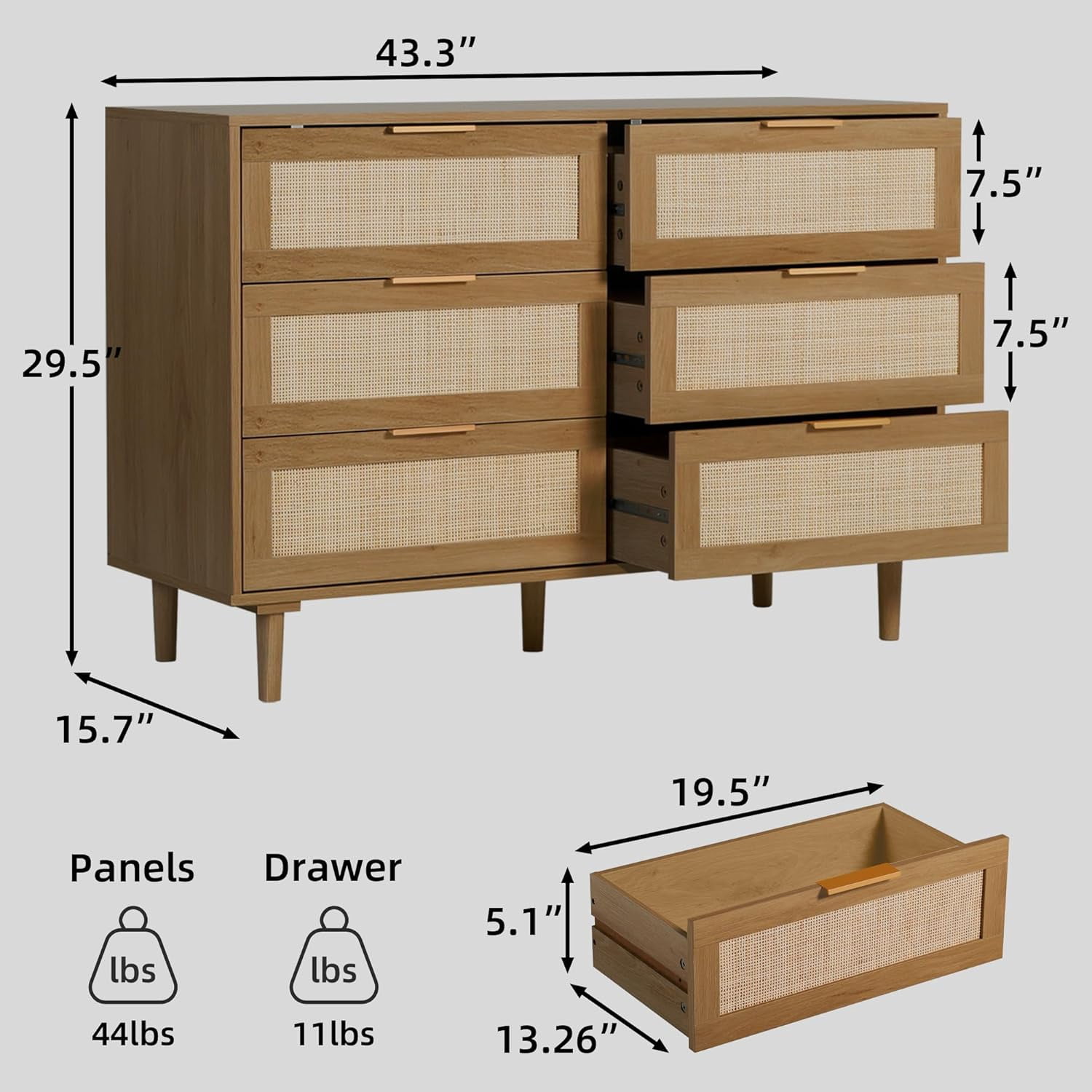 LAZZO 6-Drawer Rattan Dresser, Modern Chest of Drawers, Wooden Storage Organizer for Bedroom, Living Room & Hallway, Brown